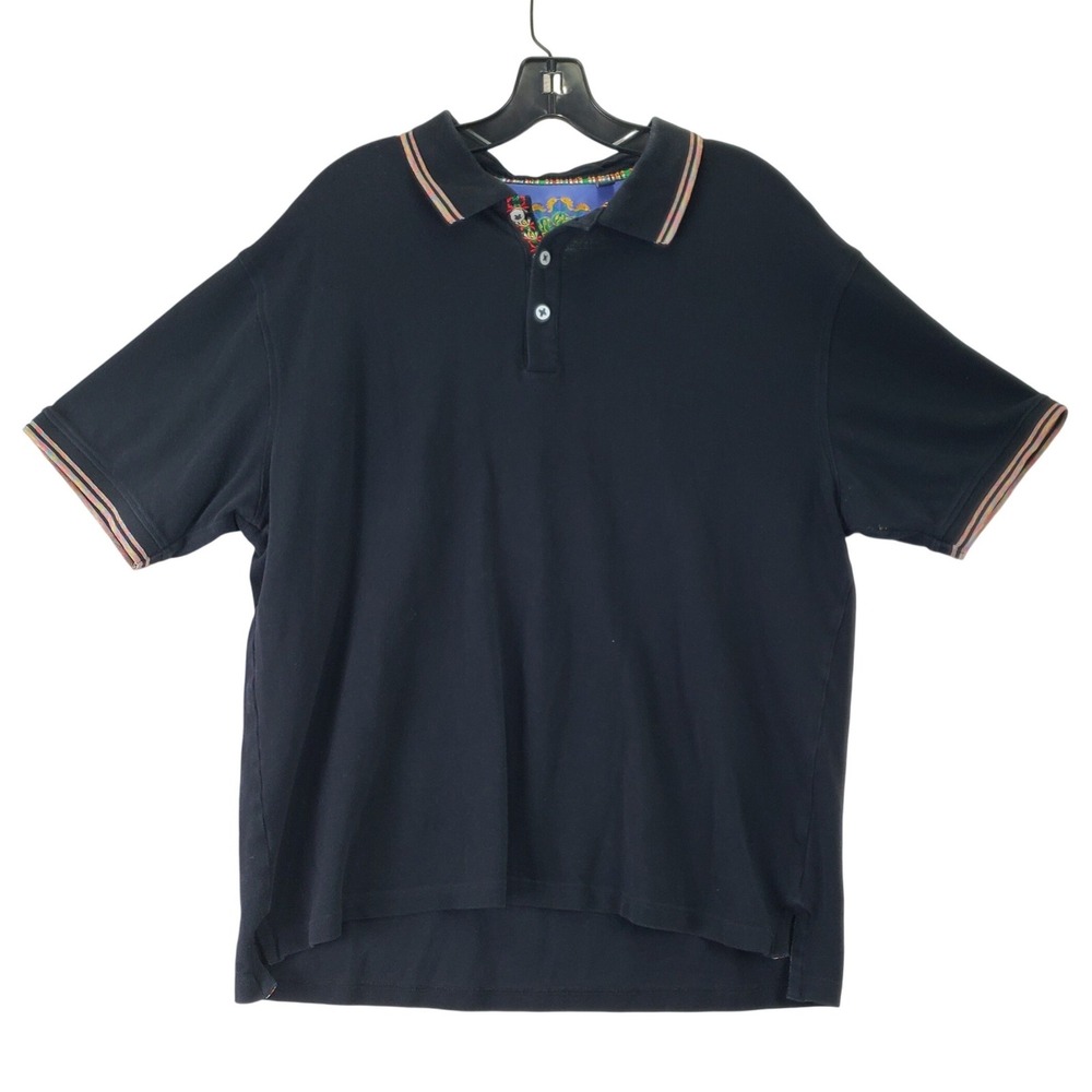 Robert Graham Polo Shirt Mens 2XL Navy Blue Striped Trim Pima Cotton Pique
